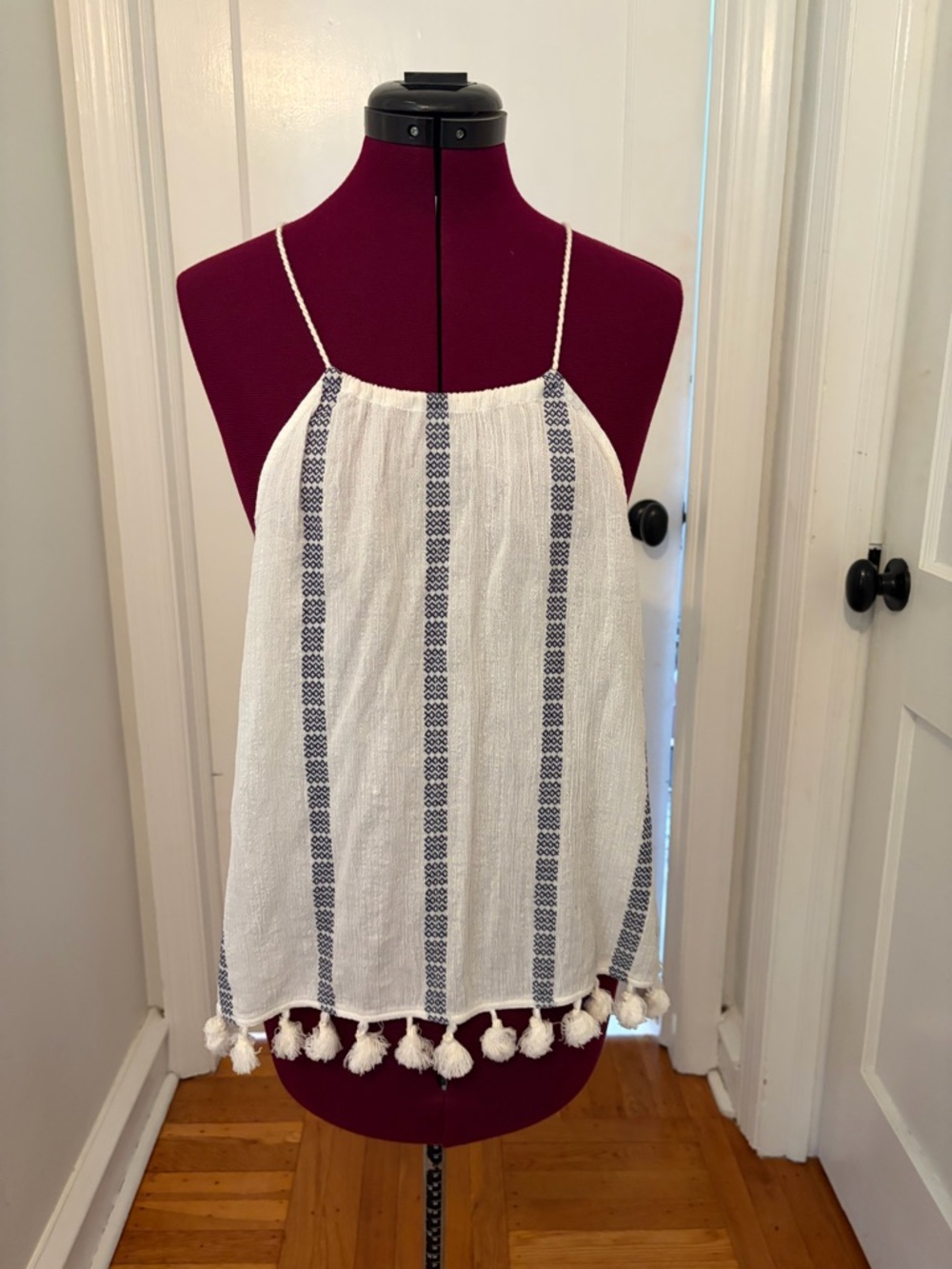 SAYLOR White Halter Camisole with Navy Stripe & Tassel Hem